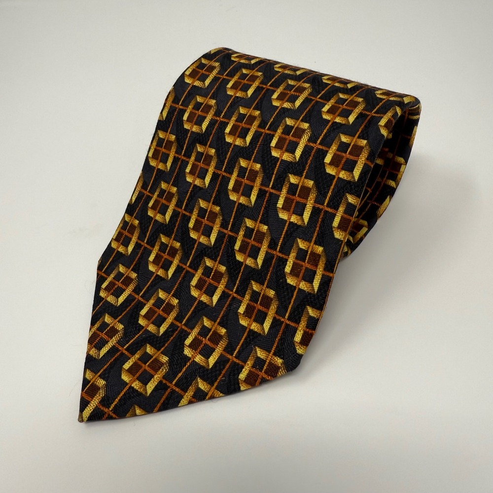 Ermenegildo Zegna Necktie Silk Black Gold‎ Geometric Box Pattern Men's